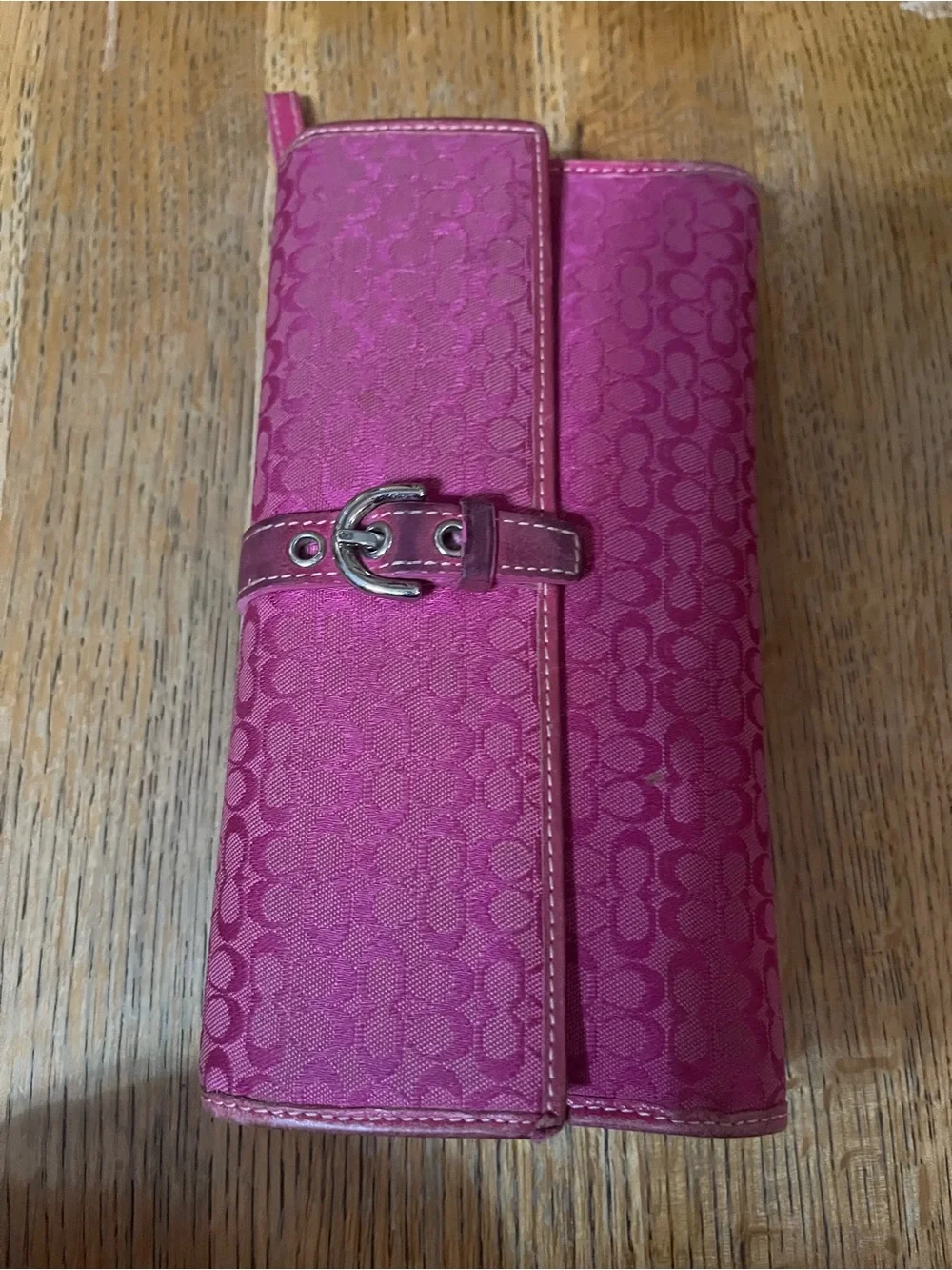 Coach Fuchsia Signature Large Jacquard Wallet with Buckle Detail